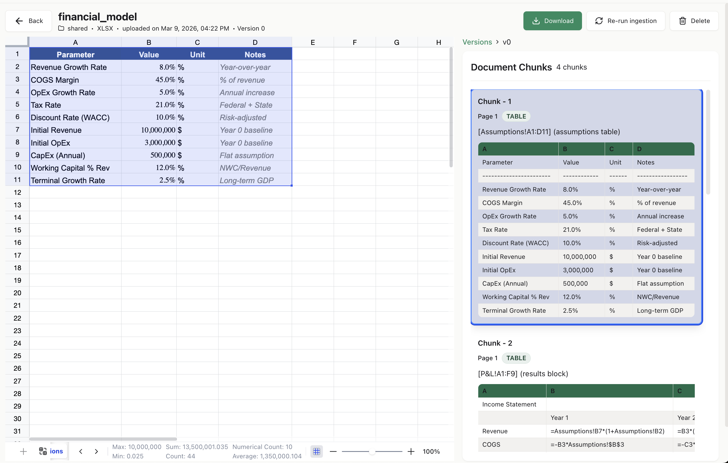 ks-xlsx-parser highlighting a financial model on the left and emitting typed, citation-linked chunks on the right